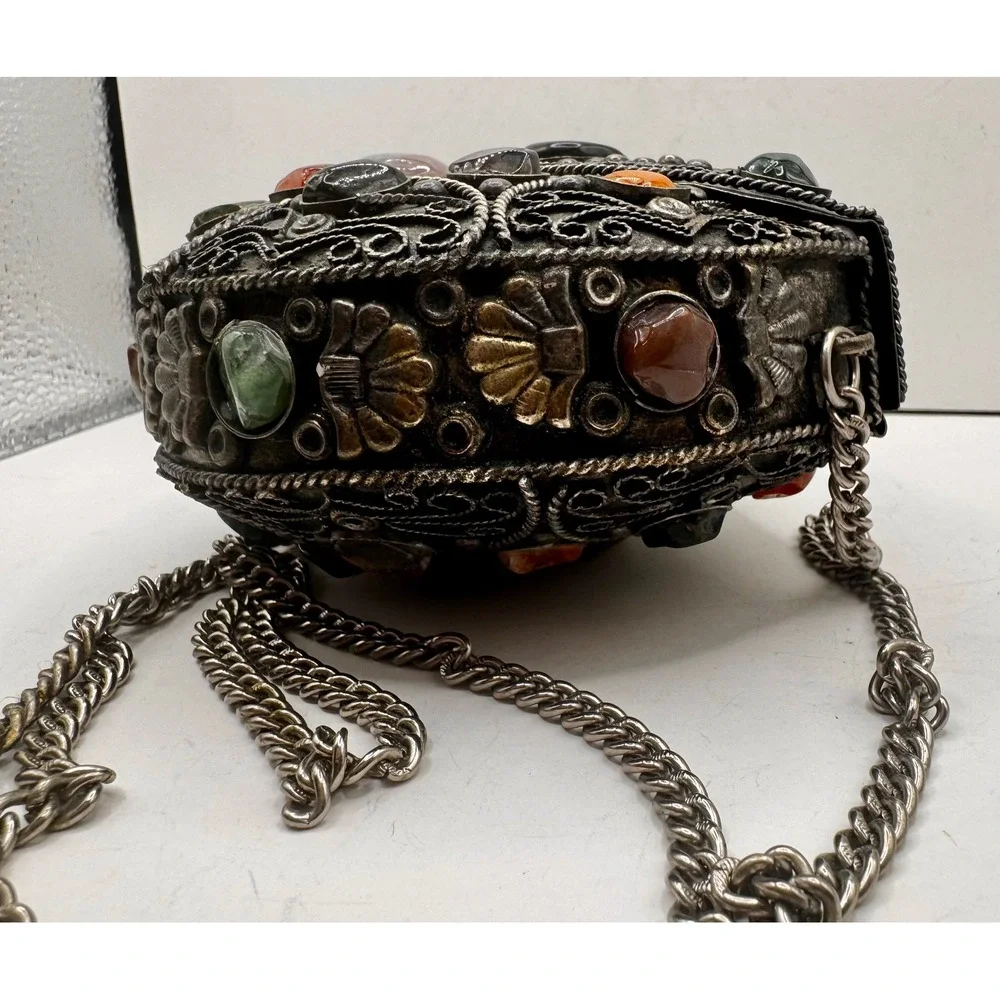 Vintage Sajai handmade‎ metal filigree with precious stones inlay & chain strap